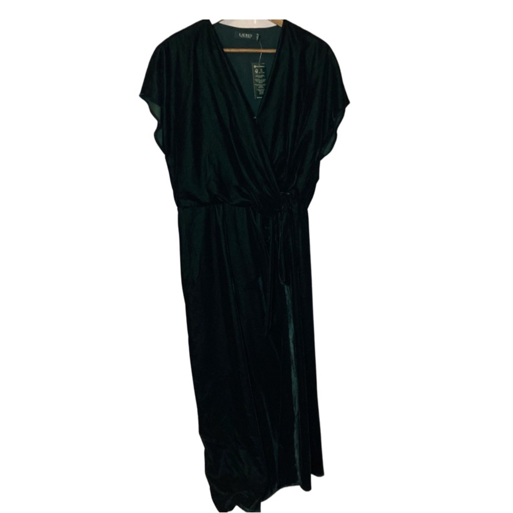 Ralph Lauren Forest Green Velvet V-Neck Short Sleeve Wrap Tie Maxi Formal Dress
